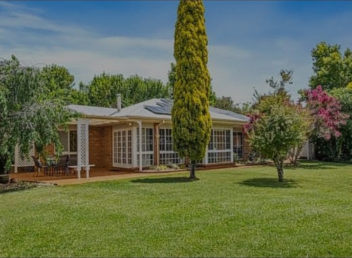 Rear of a single storey brick home in Toowoomba with freshly painted white pergola, window frames and trim, looking across the back lawn